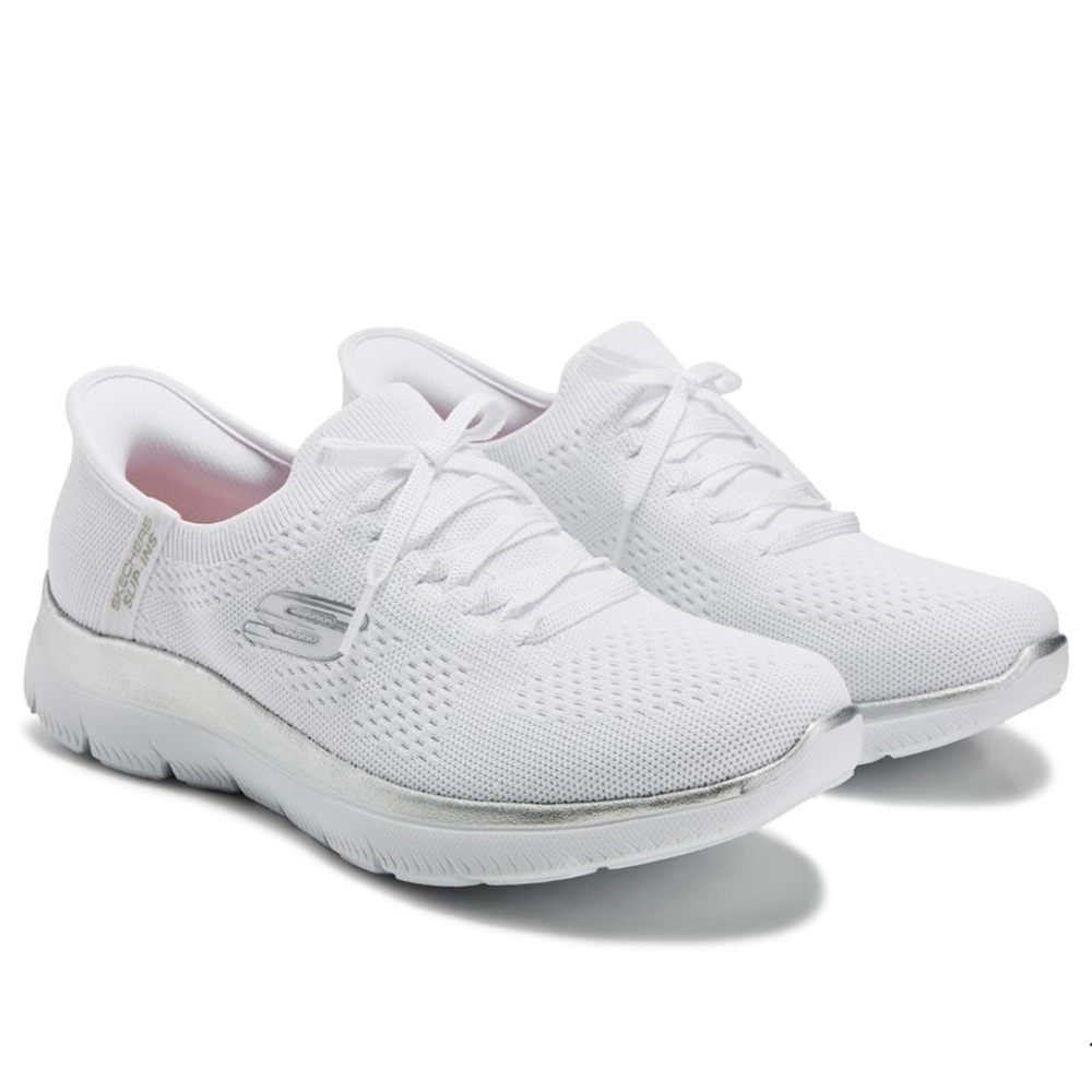 Skechers Women's Knit Sneakers in White and Silver - Picture 2 of 13
